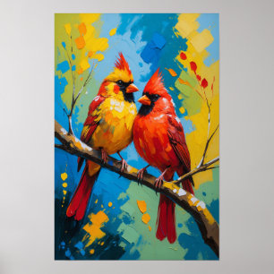 Bright Cardinal Birds Perched on Branch Colourful Poster