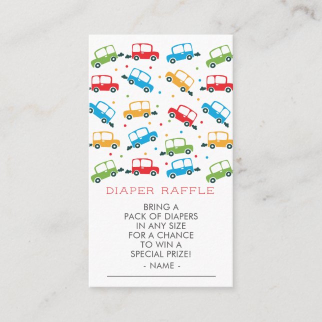 Bright Cars Boy Baby Shower Diaper Raffle Ticket Enclosure Card (Front)