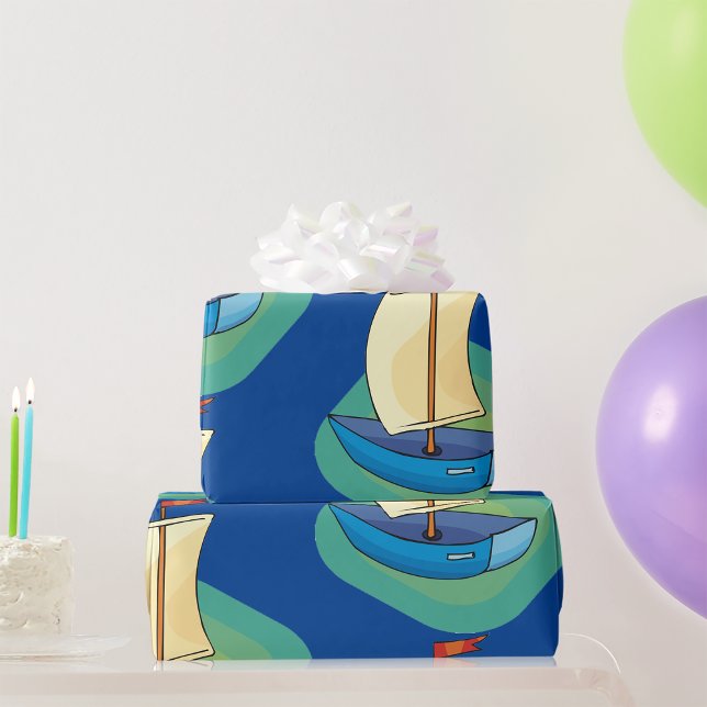 Bright Cartoon Boat with Sail Fun Nautical Wrapping Paper (Creator Uploaded)