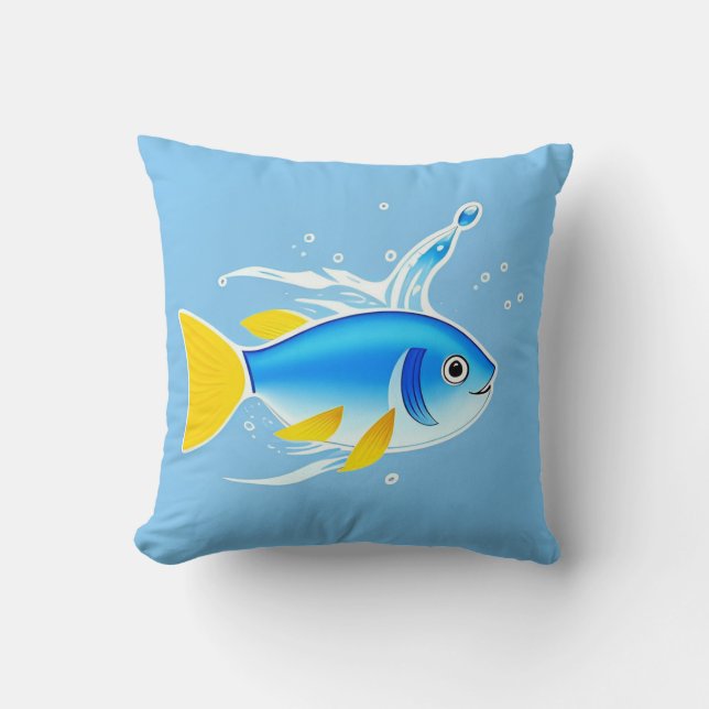 Bright Cartoon Fish with Water Splashes Cushion (Front)