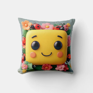 Bright Cartoon Illustration with Ladybugs, Flowers Cushion
