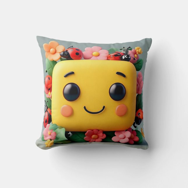 Bright Cartoon Illustration with Ladybugs, Flowers Cushion (Front)