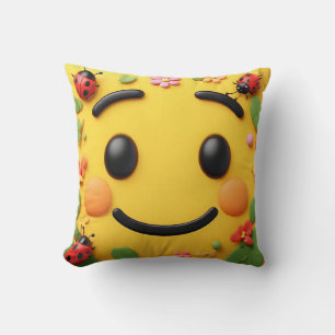 Bright Cartoon Illustration with Ladybugs, Flowers Cushion
