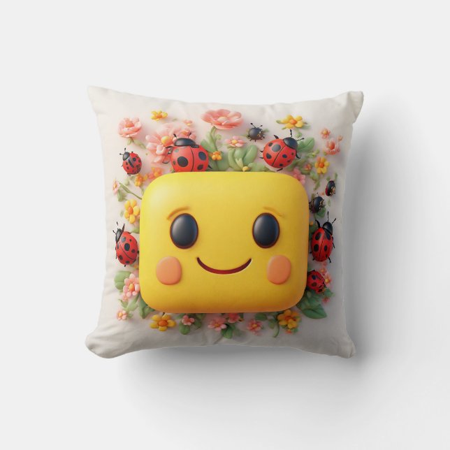 Bright Cartoon Illustration with Ladybugs, Flowers Cushion (Front)