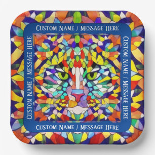 Bright Cat's Face in Rainbow Colours - Custom Name Paper Plate