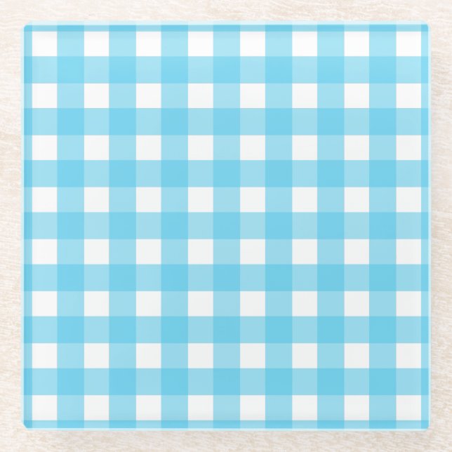 Bright cerulean blue gingham glass coaster (Front)