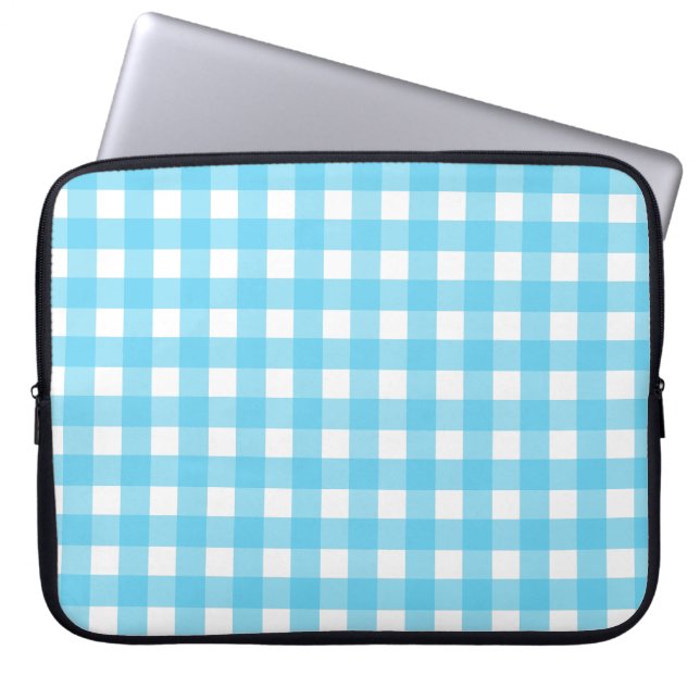 Bright cerulean blue gingham laptop sleeve (Front)