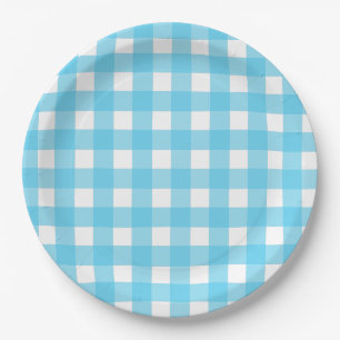 Bright cerulean blue gingham paper plate