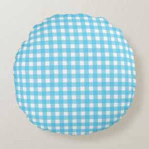 Bright cerulean blue gingham round cushion