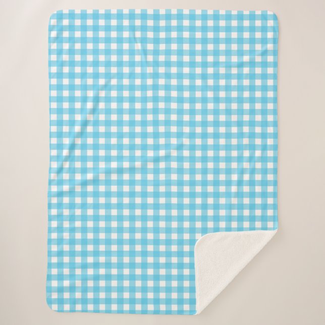 Bright cerulean blue gingham sherpa blanket (Front)