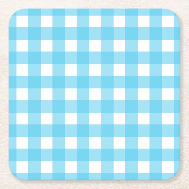 Bright cerulean blue gingham square paper coaster (Front)