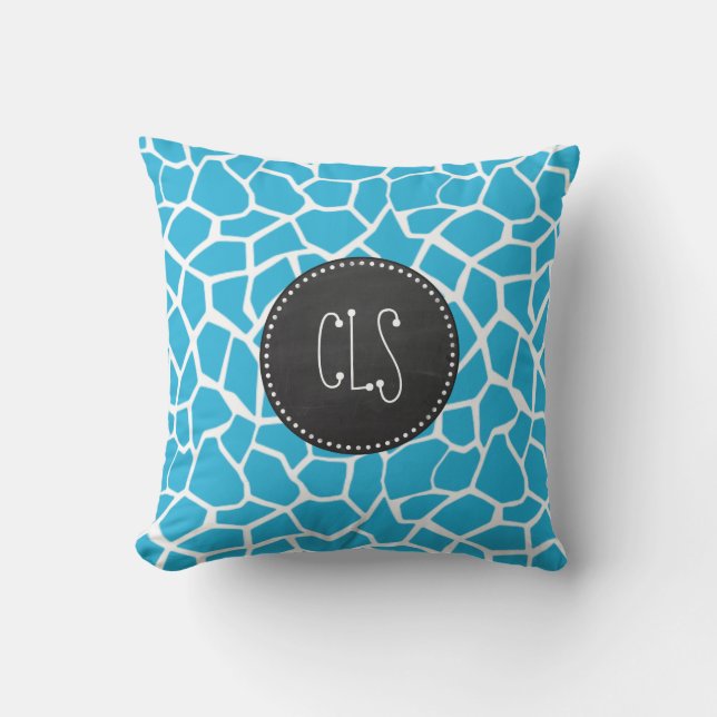 Bright Cerulean Giraffe Animal Print; Chalkboard Cushion (Front)