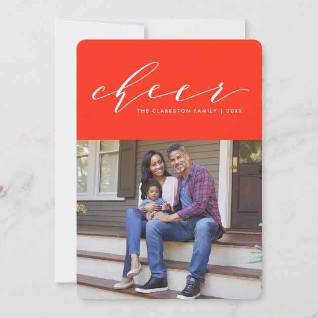 Bright cheer fun script red holiday photo card (Front)