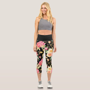 Bright & Cheerful Flower Pattern on Black Capri Leggings