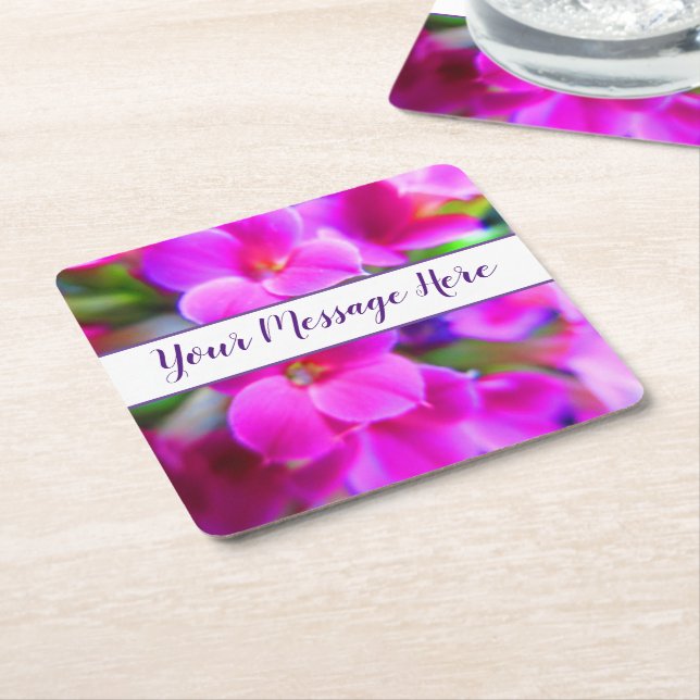 Bright Cheerful Flowers Pink Magenta Purple Custom Square Paper Coaster (Angled)