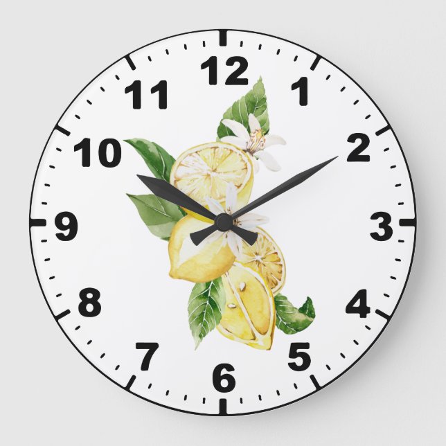 Bright Cheerful Watercolor Lemons and Greenery Large Clock (Front)