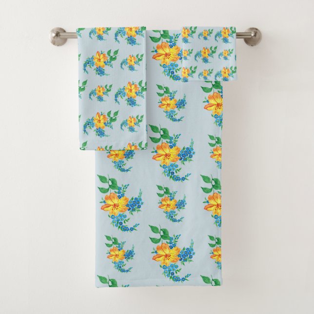 Bright Cheery Blue Yellow Floral Pattern  Bath Towel Set (Insitu)