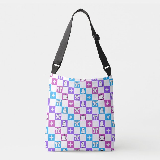 Bright Chequered Pattern Ghost Pumpkins Bows Crossbody Bag (Front)
