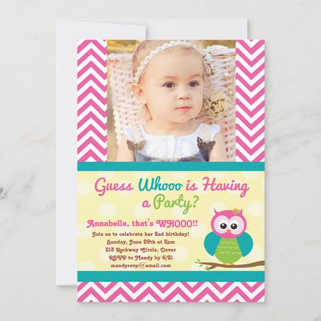 Bright Chevron Owl (Photo) Birthday Invitation (Front)