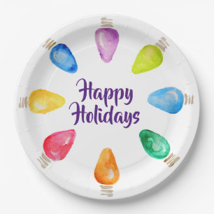 Bright Christmas Bulbs Happy Holidays Paper Plate