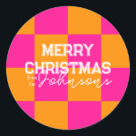 Bright Christmas Check Hot Pink Orange Classic Round Sticker<br><div class="desc">This is a bright Christmas design in trending orange and hot pink and check pattern. It has the message, "Merry Christmas! from the Johnsons". Ideal for your Christmas gift wrap, mailing accessories. envelope seals, and party favour seals this festive season. To personalise, simply add your name in the personalise this...</div>
