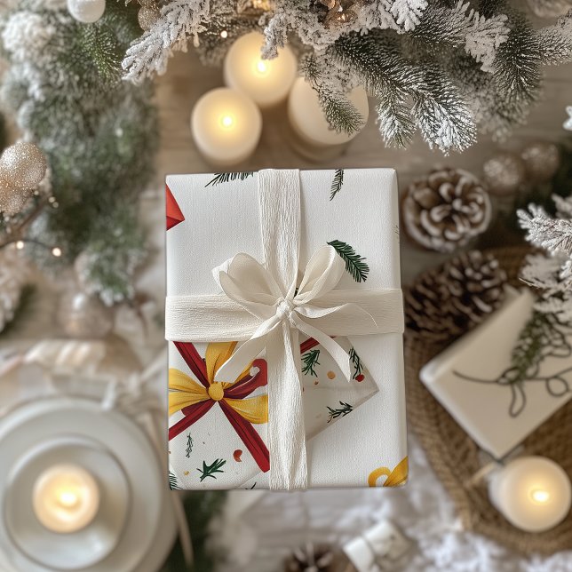 Bright Christmas Gift Boxes & Evergreen Leaves Wrapping Paper (Creator Uploaded)