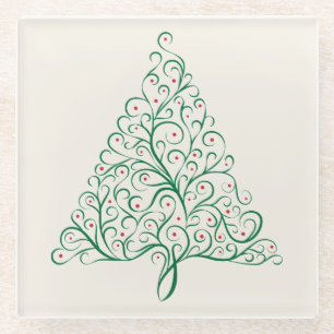 Bright Christmas Tree Scroll in Red and Green Glass Coaster