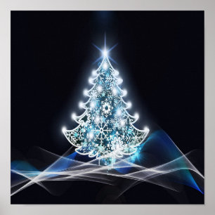 Bright Christmas Tree, White snowflakes, Blue Wave Poster