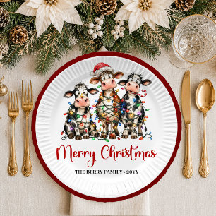 Bright Christmas whimsical cow cartoon christmas p Paper Plate