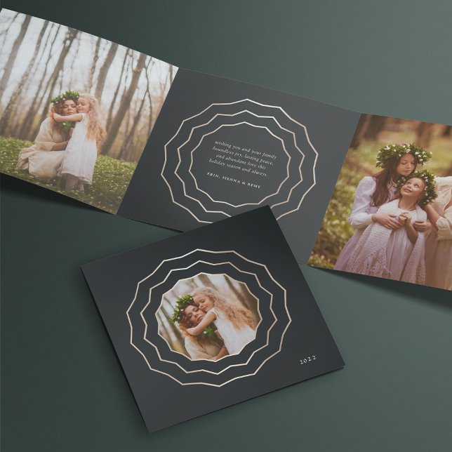 Bright Circle | Elegant Black & Gold Photo Tri-Fold Holiday Card (Creator Uploaded)