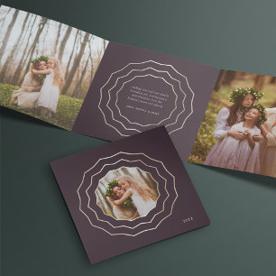 Bright Circle   Elegant Burgundy & Gold Photo Tri-Fold Holiday Card