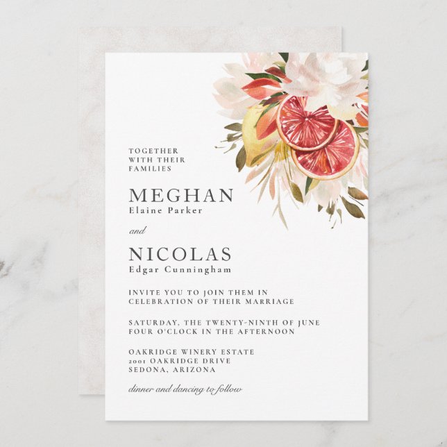 Bright Citrus Boho Tropical Floral Wedding Invitation (Front/Back)