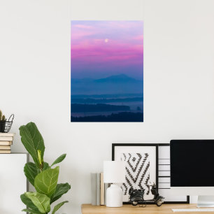 Bright clouds and moon at sunrise poster
