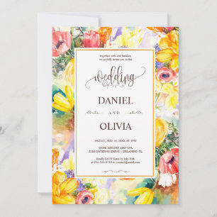 Bright Color Retro Floral Golden Modern Wedding Invitation