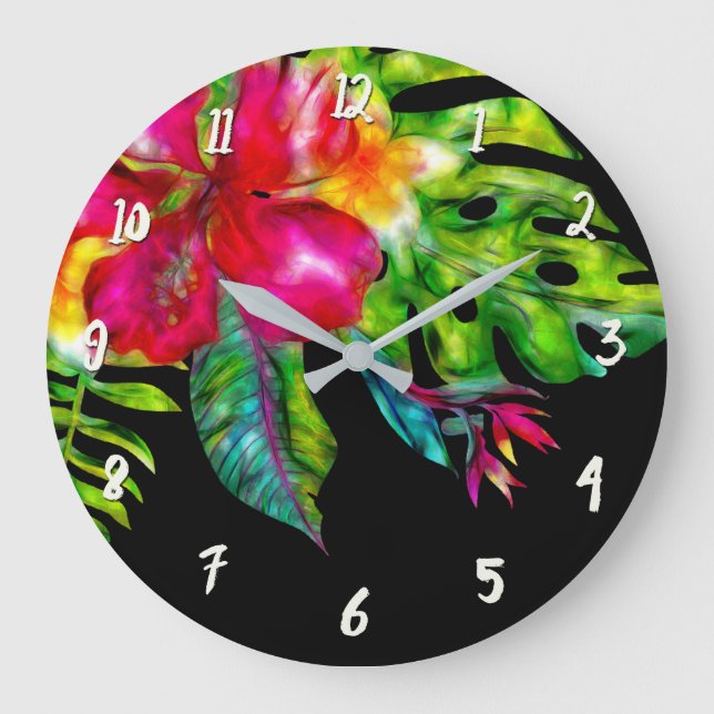 Bright Color Tropical Floral Hibiscus & Leaves Large Clock (Front)