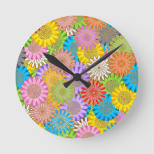 Bright Colorful Busy Chaotic Hippy Flower Pattern Round Clock