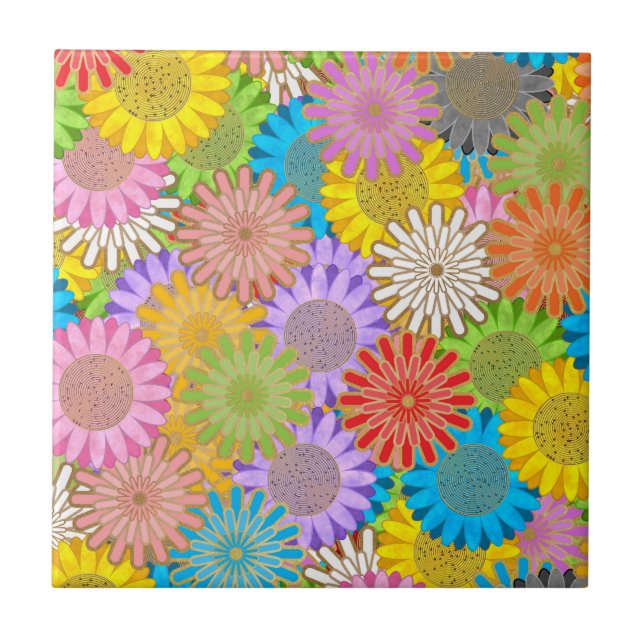 Bright Colorful Busy Chaotic Hippy Flower Pattern Tile (Front)