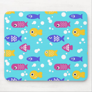 Bright Colorful Cartoon Fish Pattern Blue Mouse Pad