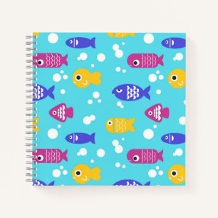 Bright Colorful Cartoon Fish Pattern Blue Notebook