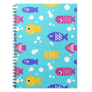 Bright Colorful Cartoon Fish Pattern Blue Notebook