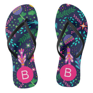Bright Colorful Chaotic Floral Dark Blue Monogram Jandals