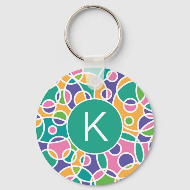 Bright Colorful Crazy Circles Pattern Monogram Key Ring (Front)