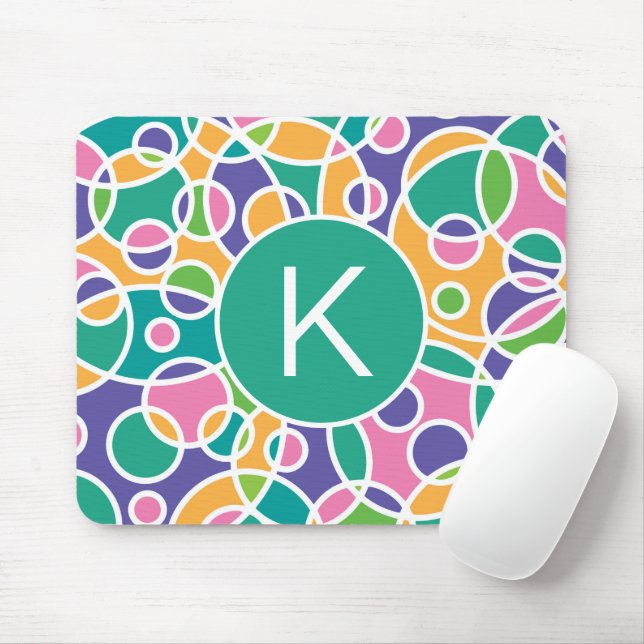 Bright Colorful Crazy Circles Pattern Monogram Mouse Pad (With Mouse)