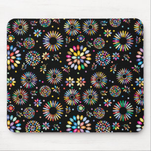 Bright Colorful Flower Circles on Black Mouse Pad