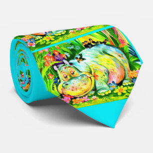 bright colorful hippopotamus and birds print tie