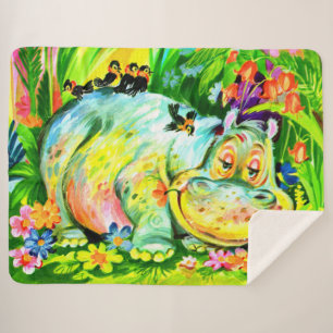 bright colorful hippopotamus and birds sherpa blanket