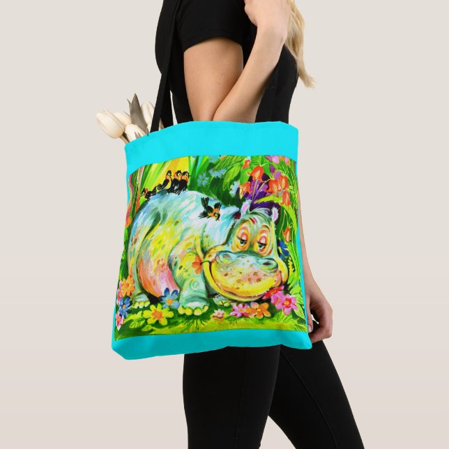 bright colorful hippopotamus and birds tote bag (Close Up)