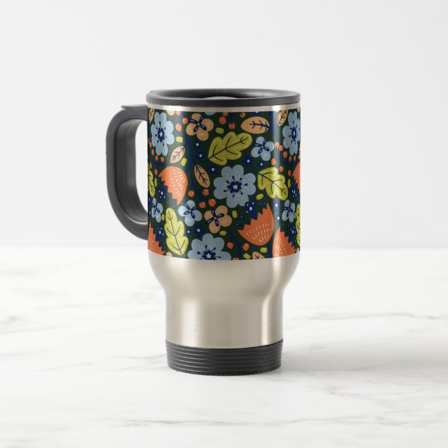Bright Colorful Modern Pretty Flower Pattern Travel Mug (Front Left)
