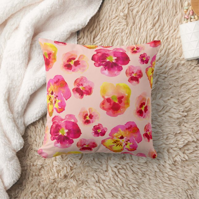 Bright Colorful Pink Pansy Design Throw Cushion (Blanket)