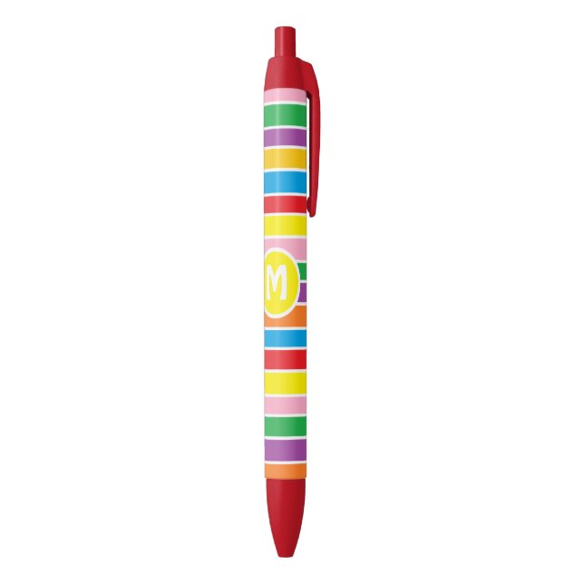 Bright Colorful Rainbow Striped Monogrammed Black Ink Pen (Bottom (Vertical))